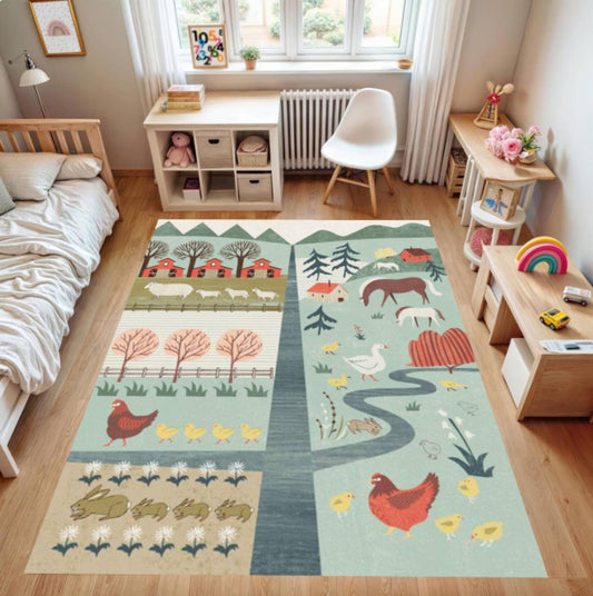 Kids Farm Scene Rug, Washable Playroom Carpet, Nursery Decor