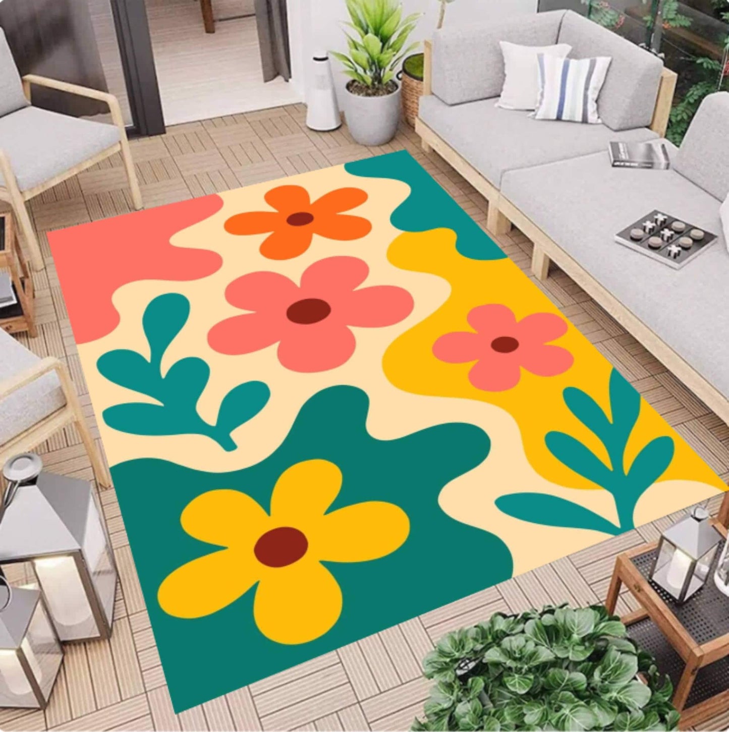 Modern Floral Rug Washable Retro Floral Rug