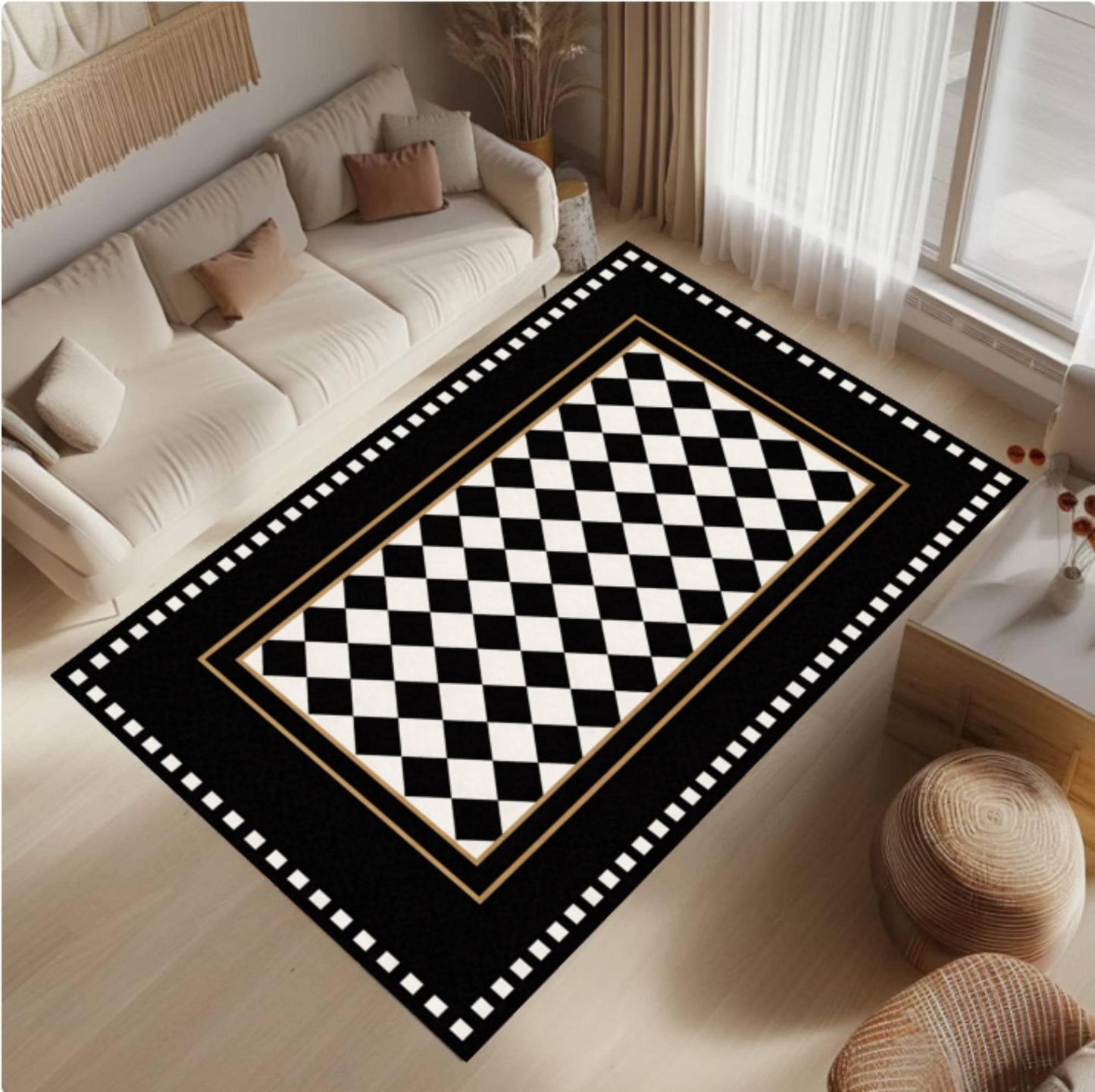 Checkerboard Rug Black and White Washable Non-slip