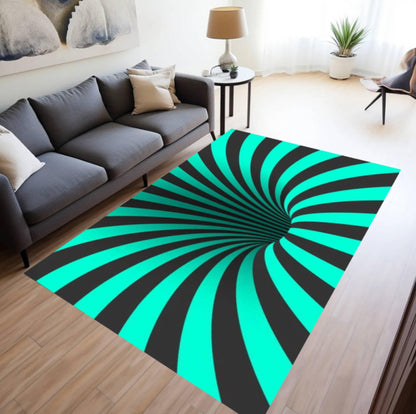 Teal & Black Optical Illusion Area Rug – Abstract Swirl Washable Non-Slip