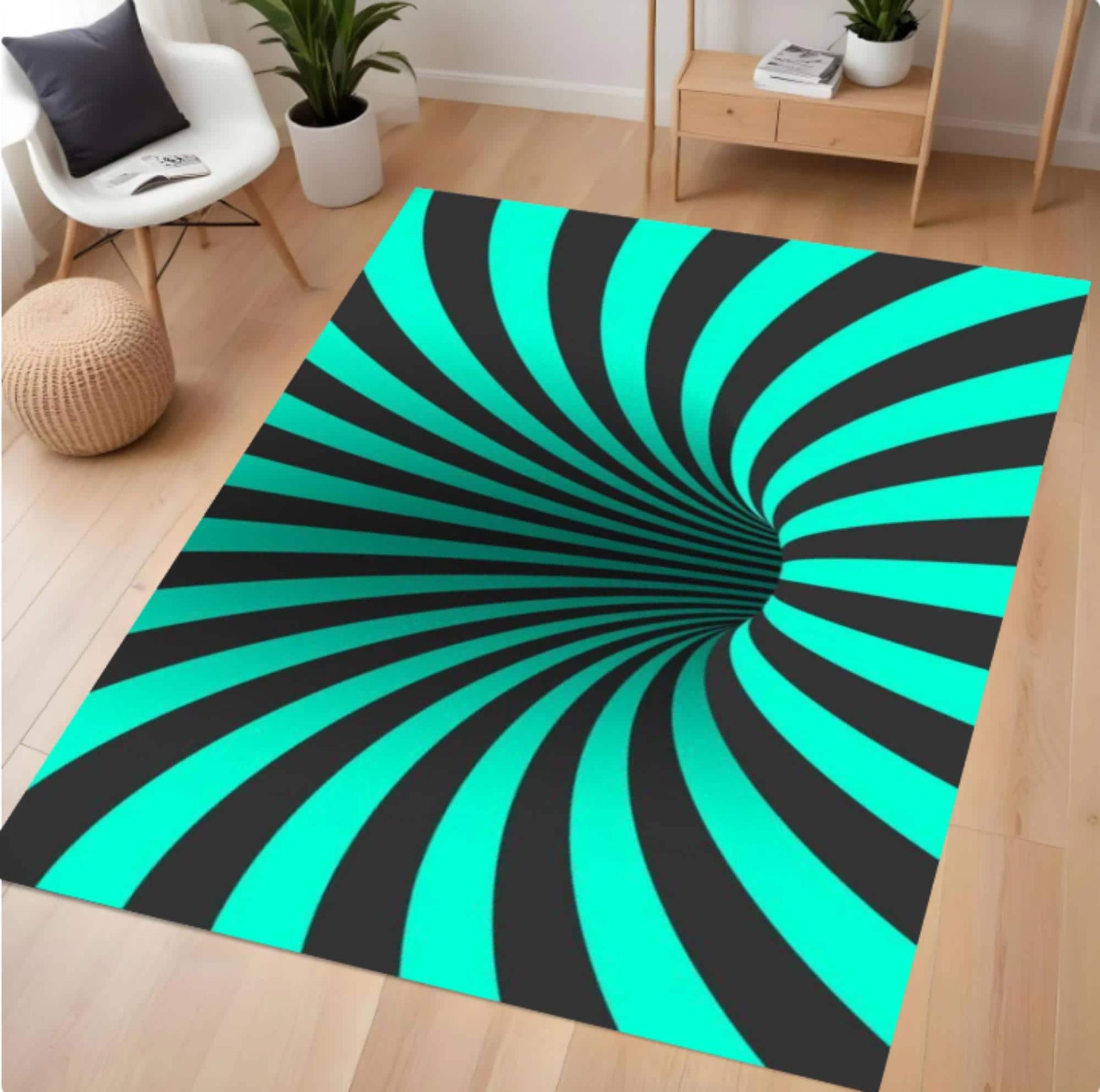 Room interior with a vibrant green and black spiral rug on wooden flooring.