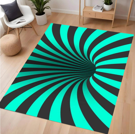Room interior with a vibrant green and black spiral rug on wooden flooring.