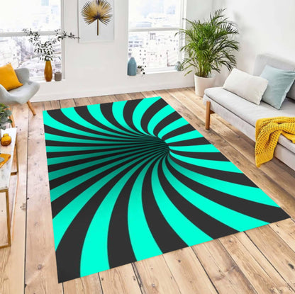 Teal & Black Optical Illusion Area Rug – Abstract Swirl Washable Non-Slip