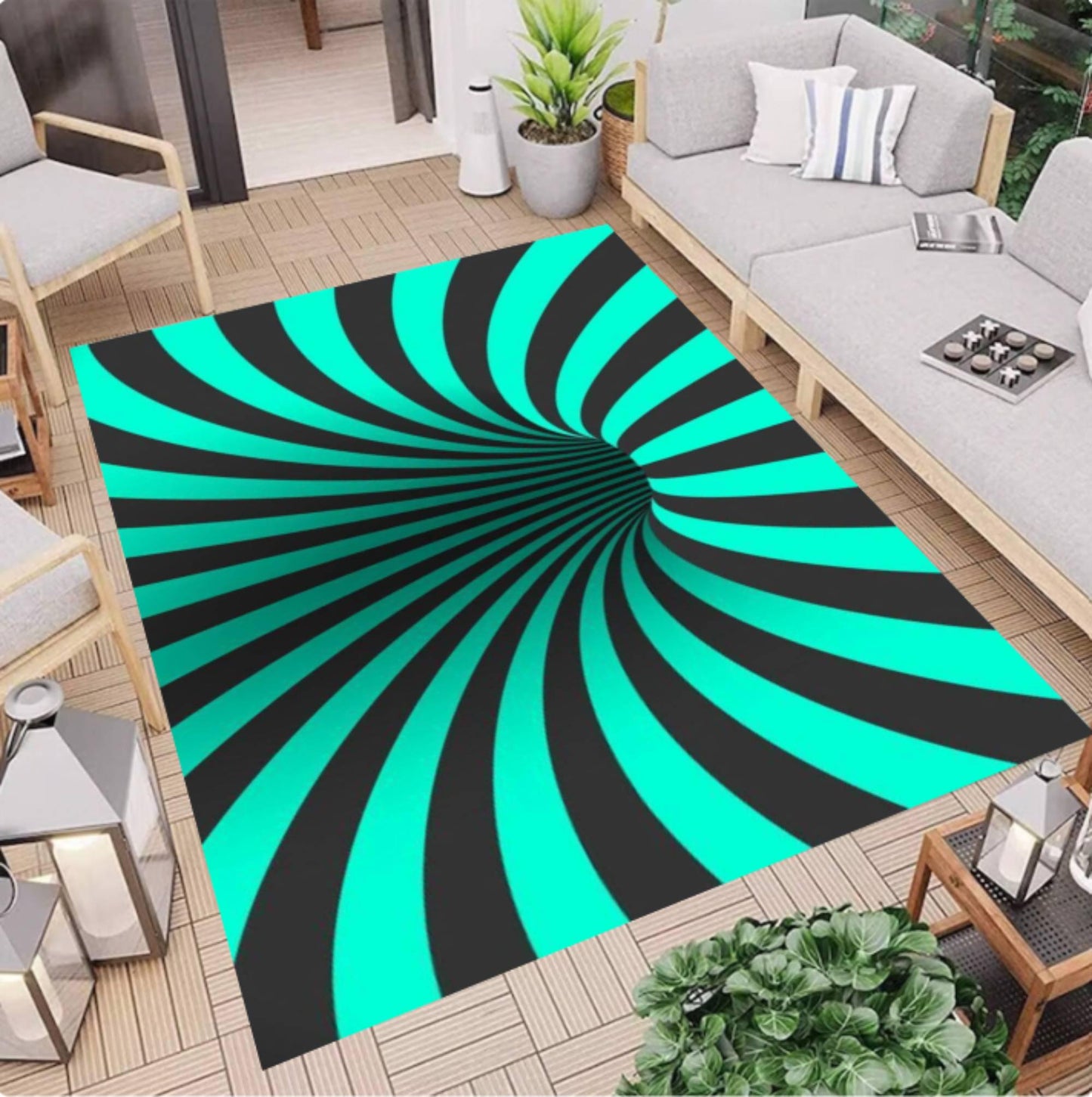 Teal & Black Optical Illusion Area Rug – Abstract Swirl Washable Non-Slip