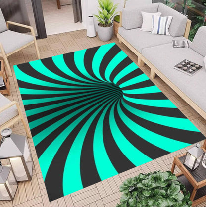 Teal & Black Optical Illusion Area Rug – Abstract Swirl Washable Non-Slip