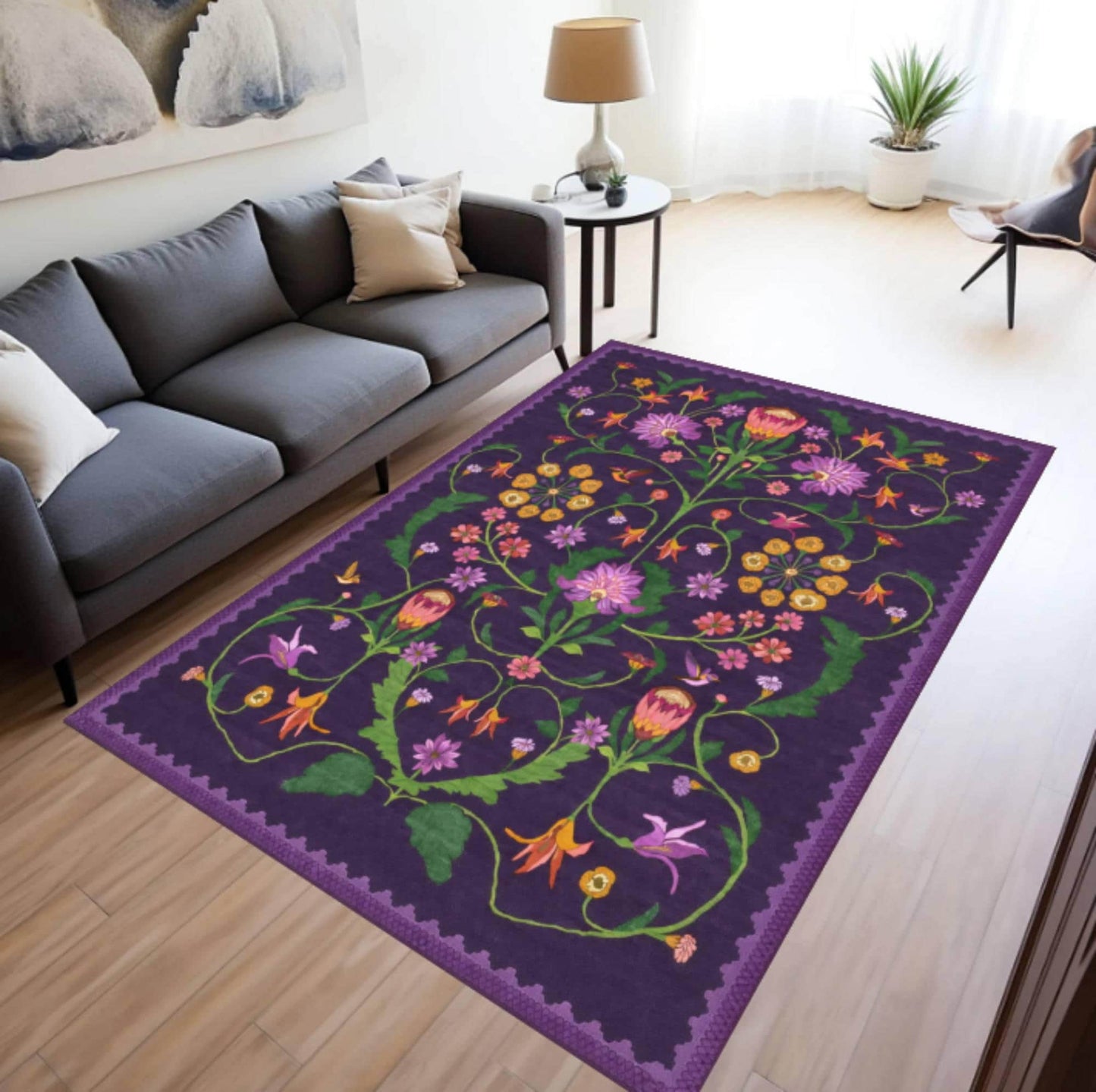 Purple Floral Area Rug, Vintage Cottagecore Washable Carpet