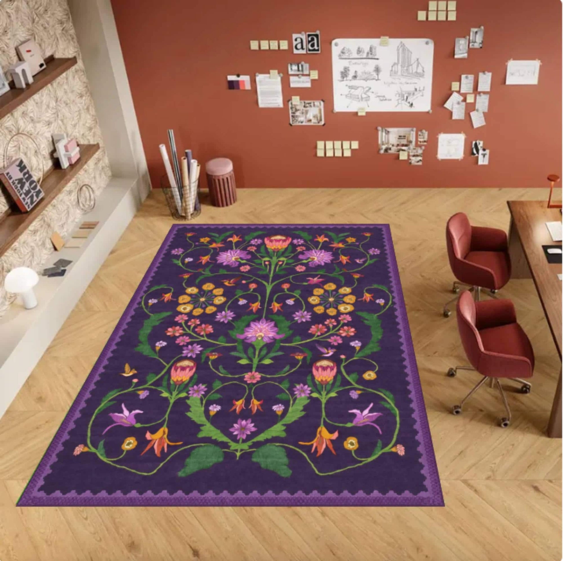 Purple Floral Area Rug, Vintage Cottagecore Washable Carpet