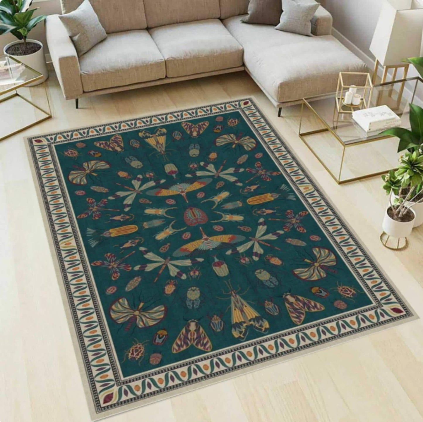 Dark Academia Botanical Insect Area Rug – Washable Non-Slip