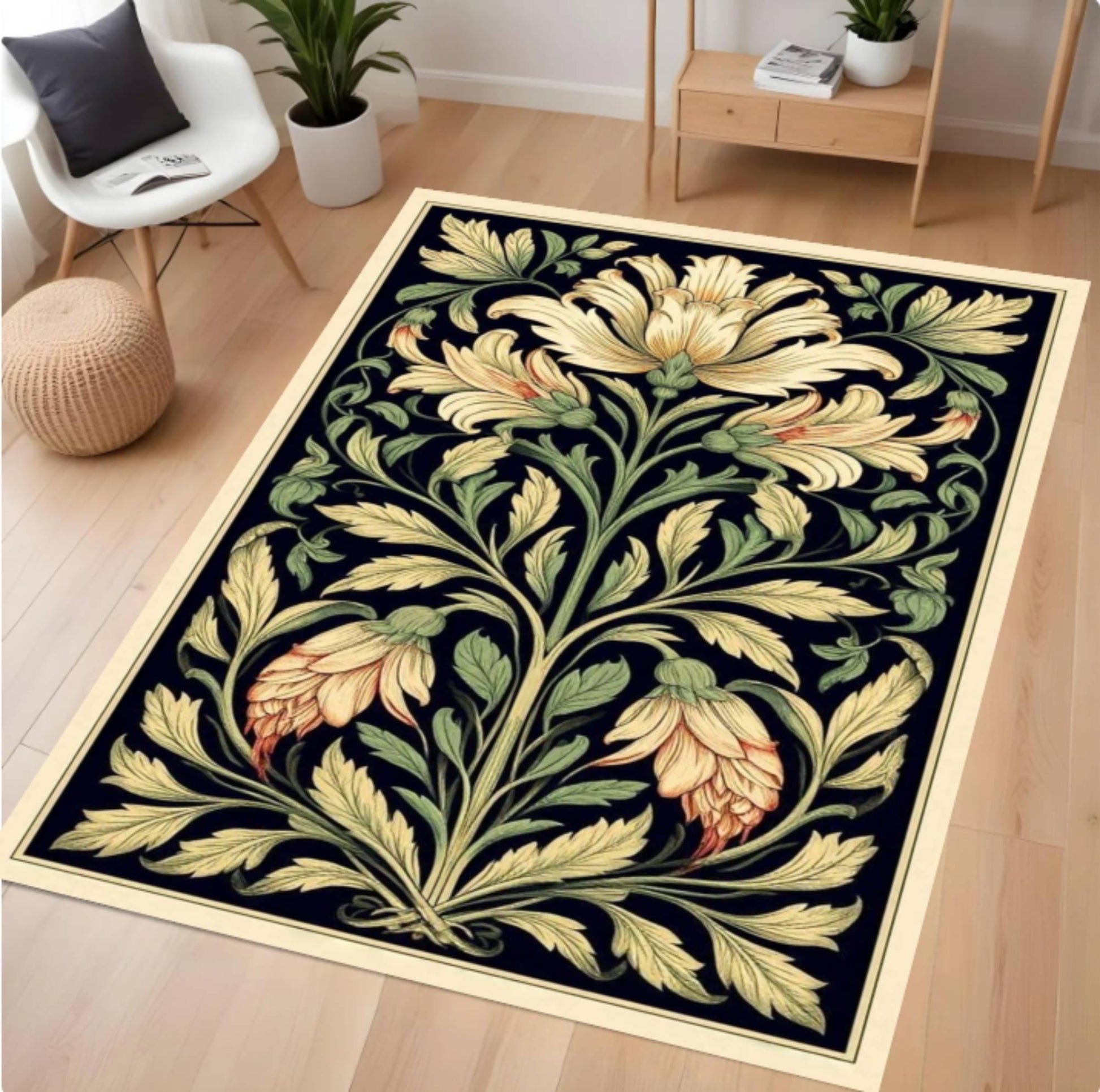 Decorative floral rug on a wooden floor with a modern living room setting.