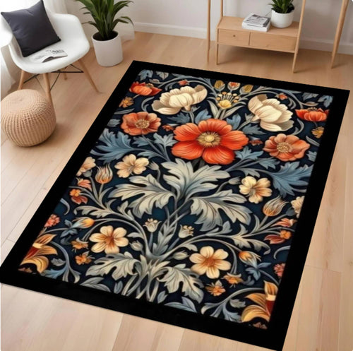Floral patterned rug on a wooden floor with a chair and plants in the background