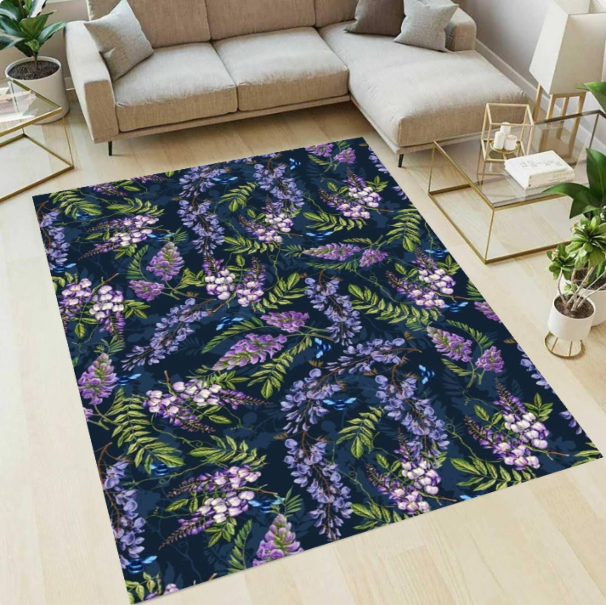 Paars blauweregen bloementapijt: marineblauw tapijt met botanisch gebied, wasbaar antislip