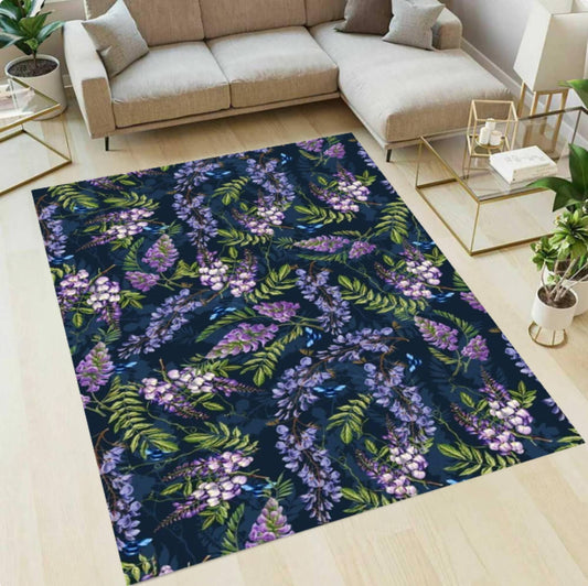 Paars blauweregen bloementapijt: marineblauw tapijt met botanisch gebied, wasbaar antislip