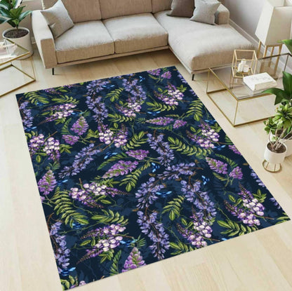 Purple Wisteria Floral Area Rug – Navy Blue Botanical Flower Washable Non-Slip