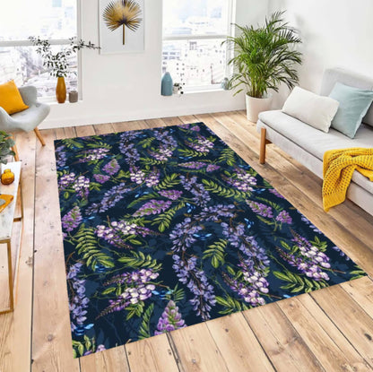Purple Wisteria Floral Area Rug – Navy Blue Botanical Flower Washable Non-Slip