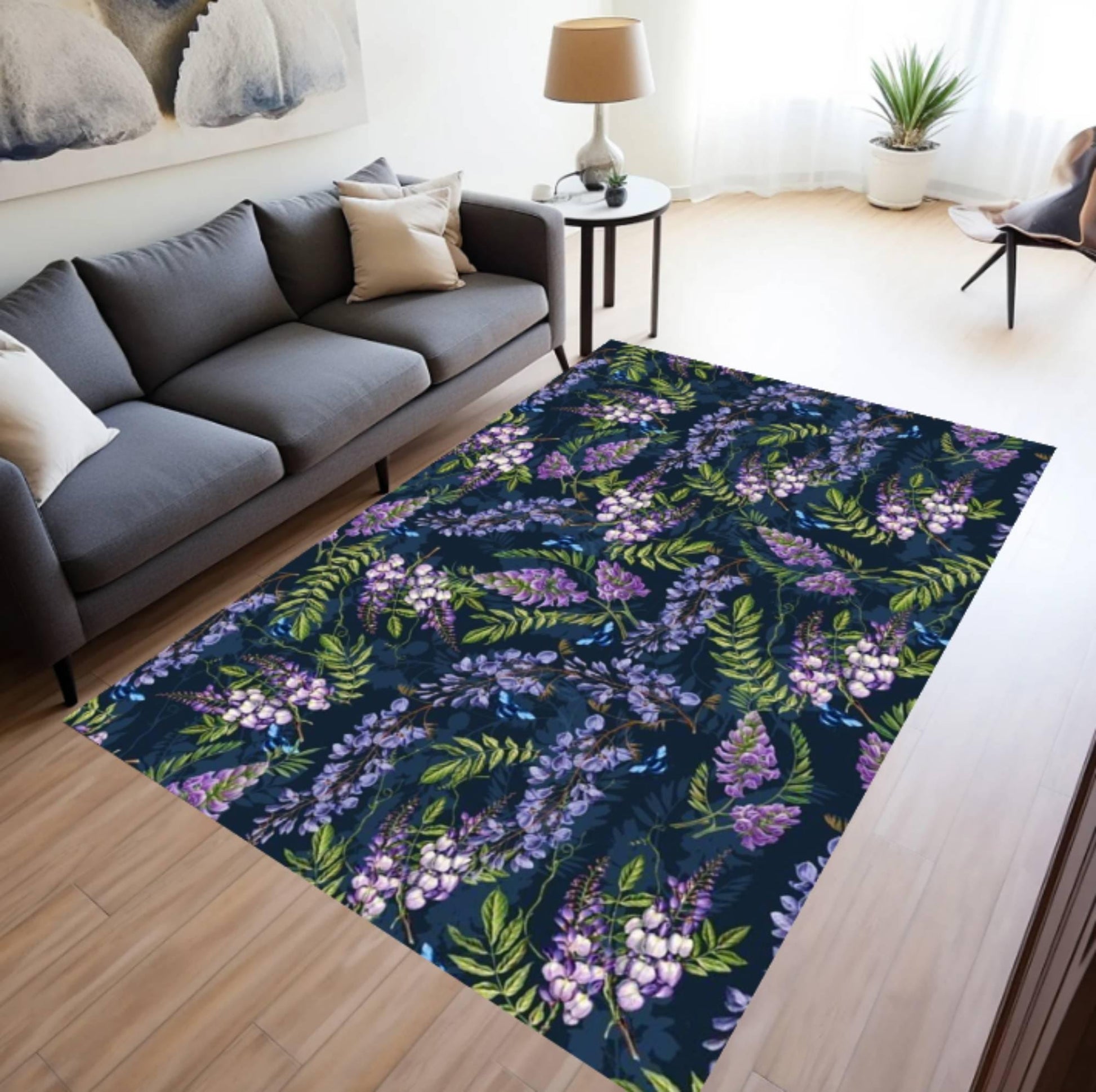 Paars blauweregen bloementapijt: marineblauw tapijt met botanisch gebied, wasbaar antislip