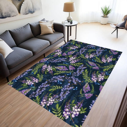 Purple Wisteria Floral Area Rug – Navy Blue Botanical Flower Washable Non-Slip