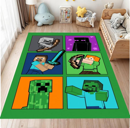 Children's room with a Minecraft-themed rug featuring various characters on a wooden floor.