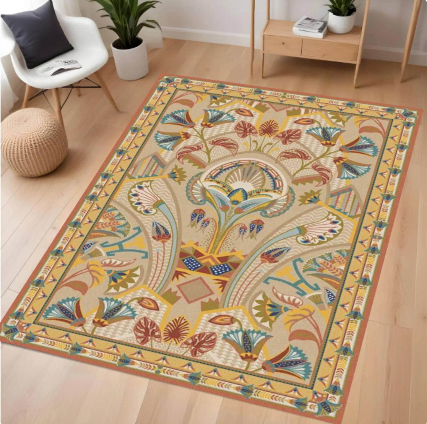 Decorative rug with floral patterns on a wooden floor