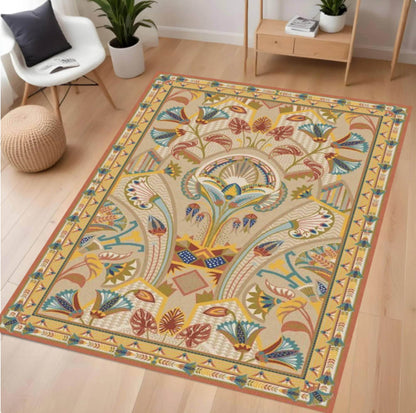 Decorative rug with floral patterns on a wooden floor