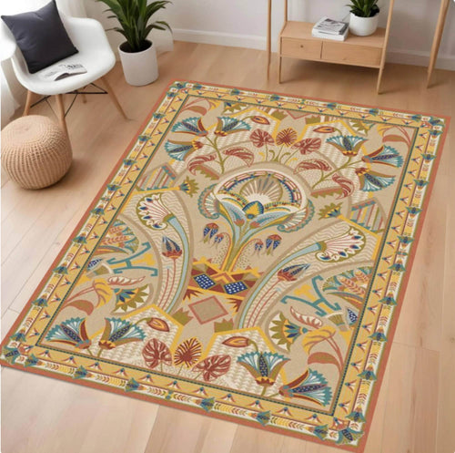 Decorative rug with floral patterns on a wooden floor