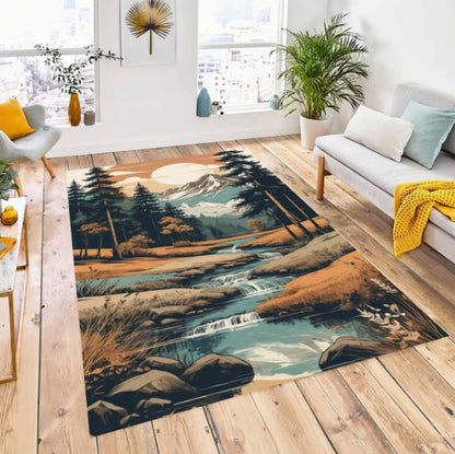 Mountain River Landscape Area Rug, Cabin Lodge Decor, Washable Non Slip