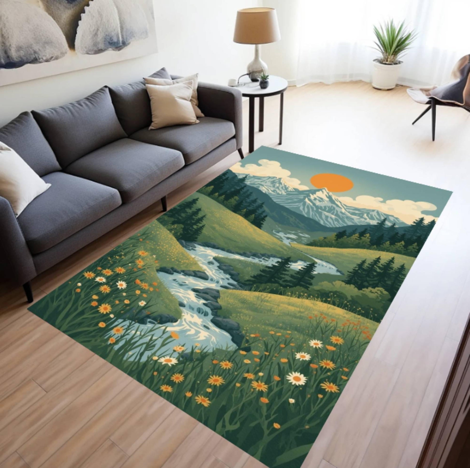 Mountain Landscape Area Rug, Vintage Cottagecore Style, Washable Non-Slip