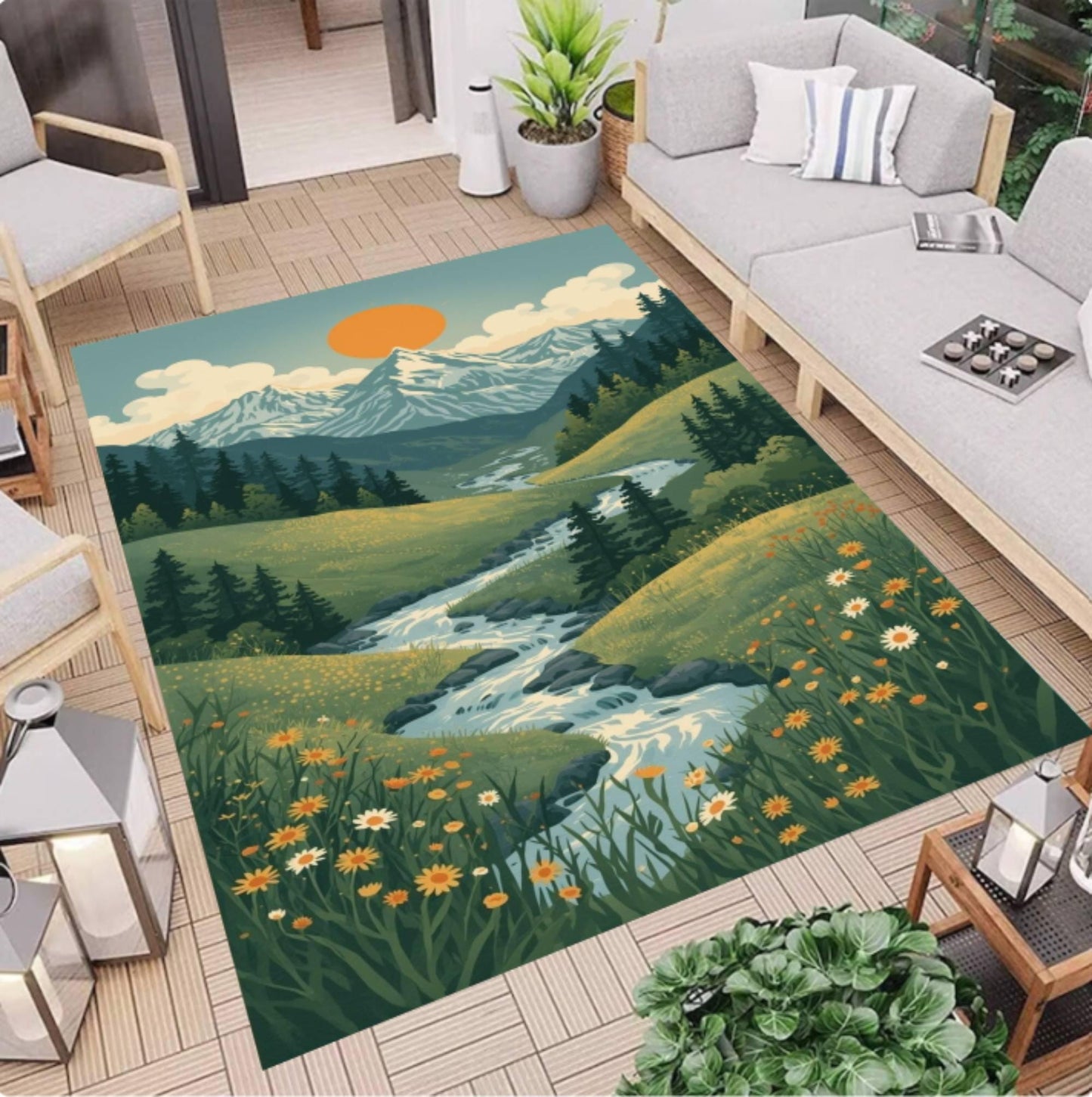 Mountain Landscape Area Rug, Vintage Cottagecore Style, Washable Non-Slip