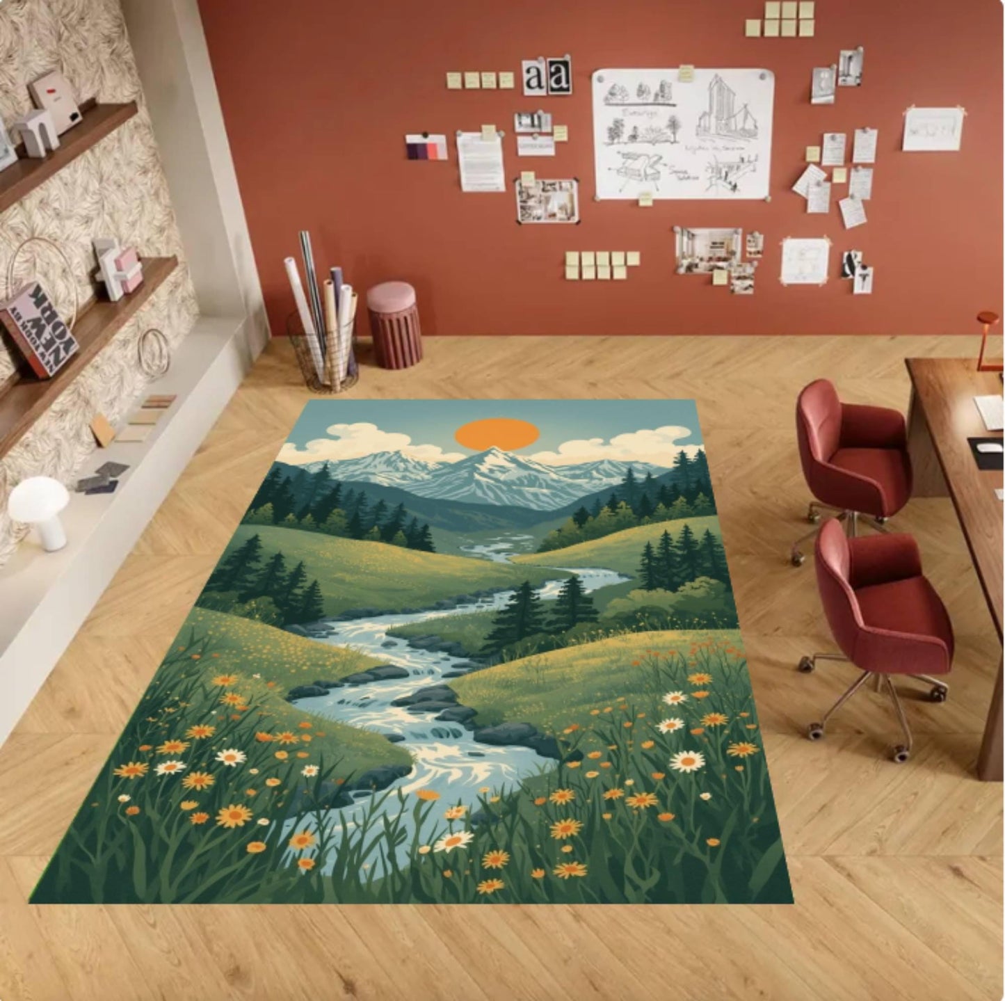 Mountain Landscape Area Rug, Vintage Cottagecore Style, Washable Non-Slip