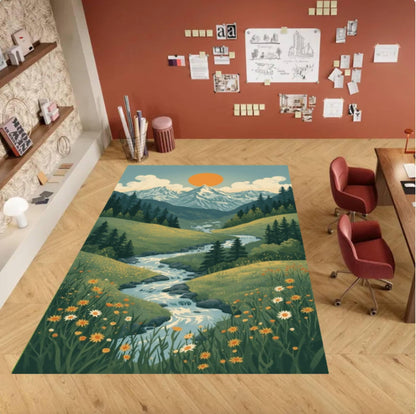 Mountain Landscape Area Rug, Vintage Cottagecore Style, Washable Non-Slip