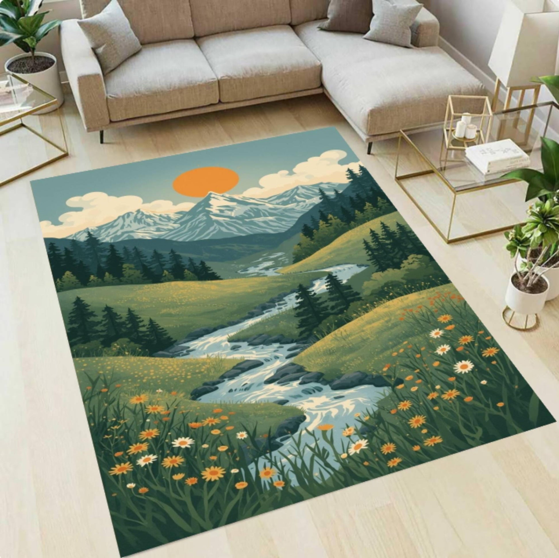 Mountain Landscape Area Rug, Vintage Cottagecore Style, Washable Non-Slip