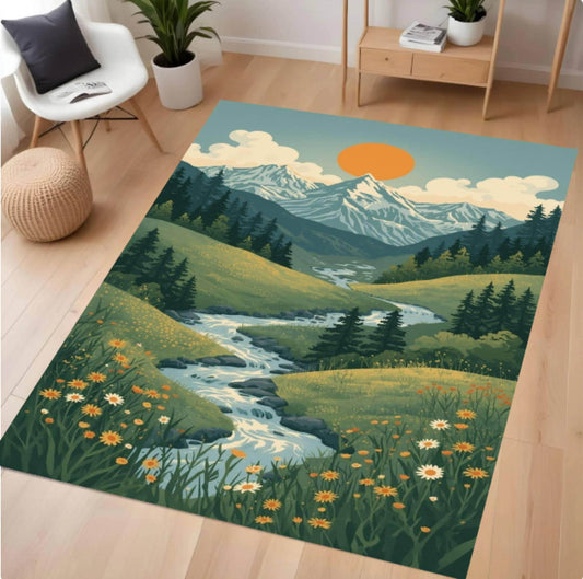 Decorative rug with a mountain and landscape design in a room setting.