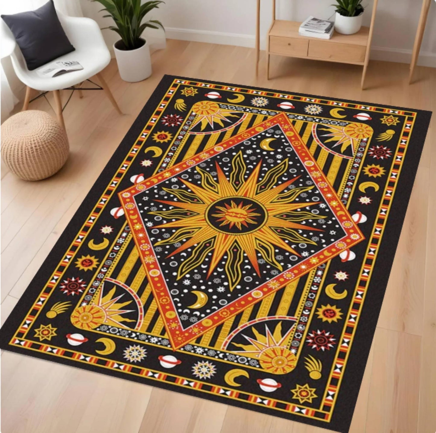 Decorative rug with celestial design on a wooden floor