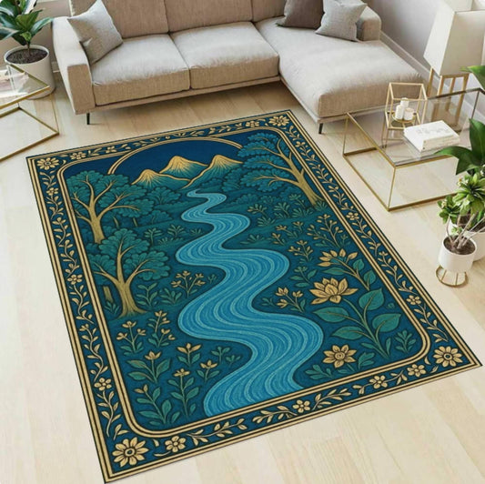 Vintage River Landscape Rug, Cottagecore Botanical Floor Mat