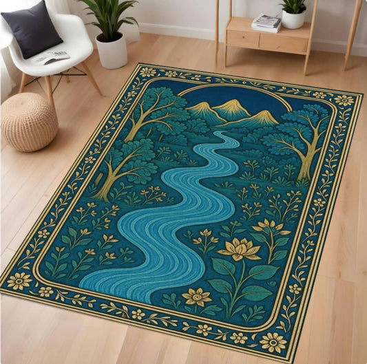 River Landscape Cottagecore Rug – Botanical Scenic Washable Non-Slip