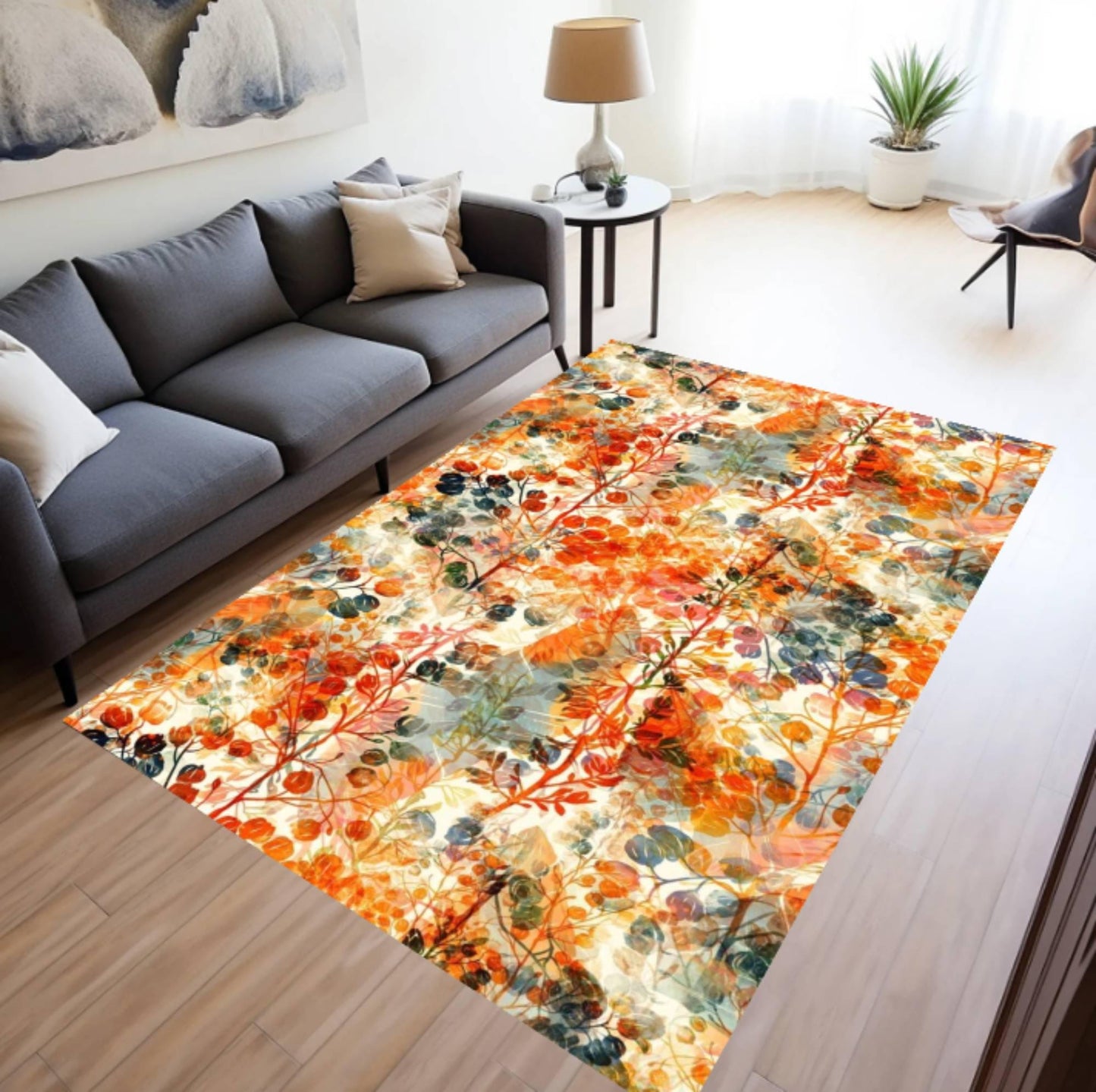 Autumn Floral Watercolor Area Rug – Fall Botanical Flower Washable Non-Slip