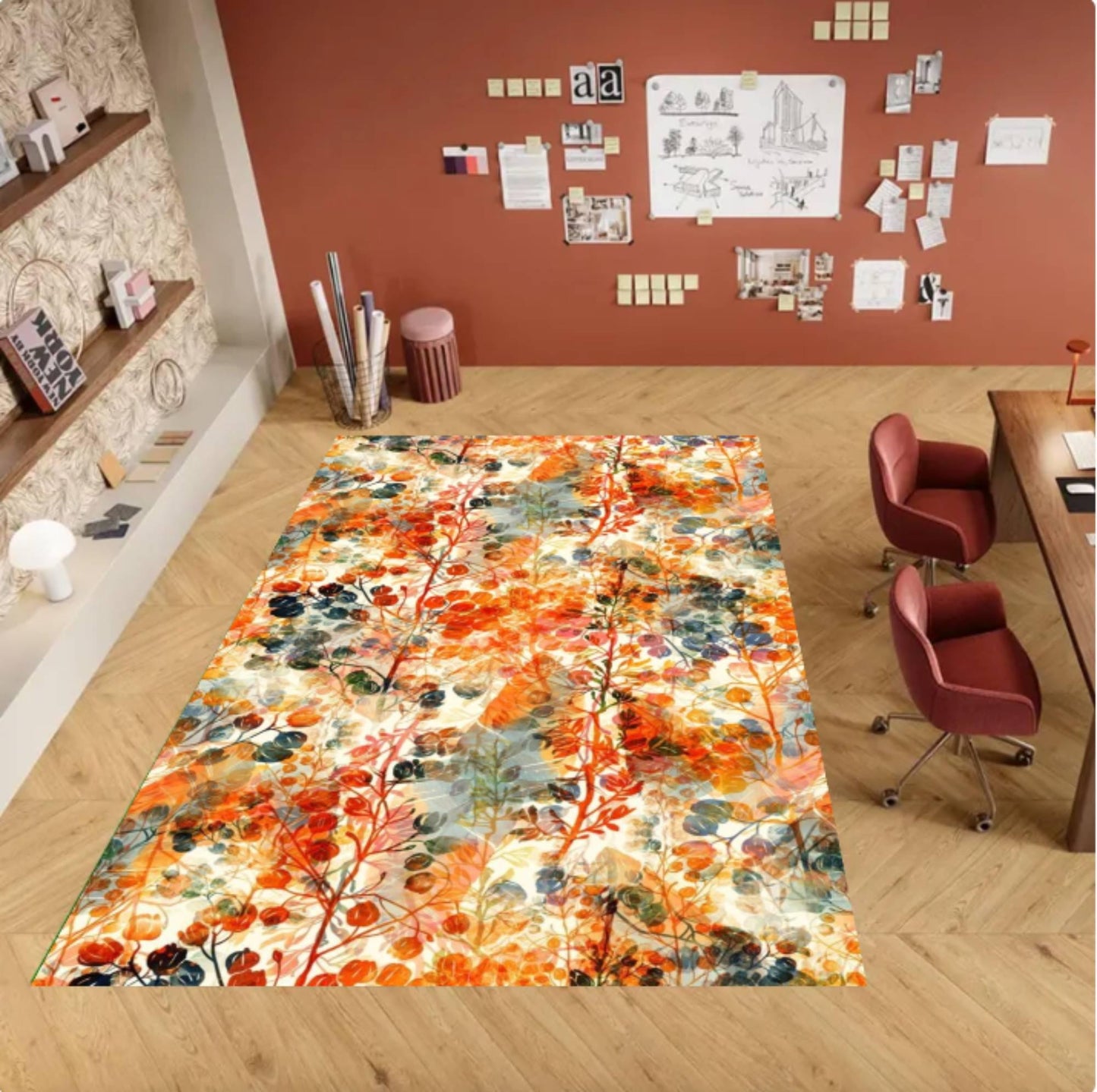 Autumn Floral Watercolor Area Rug – Fall Botanical Flower Washable Non-Slip