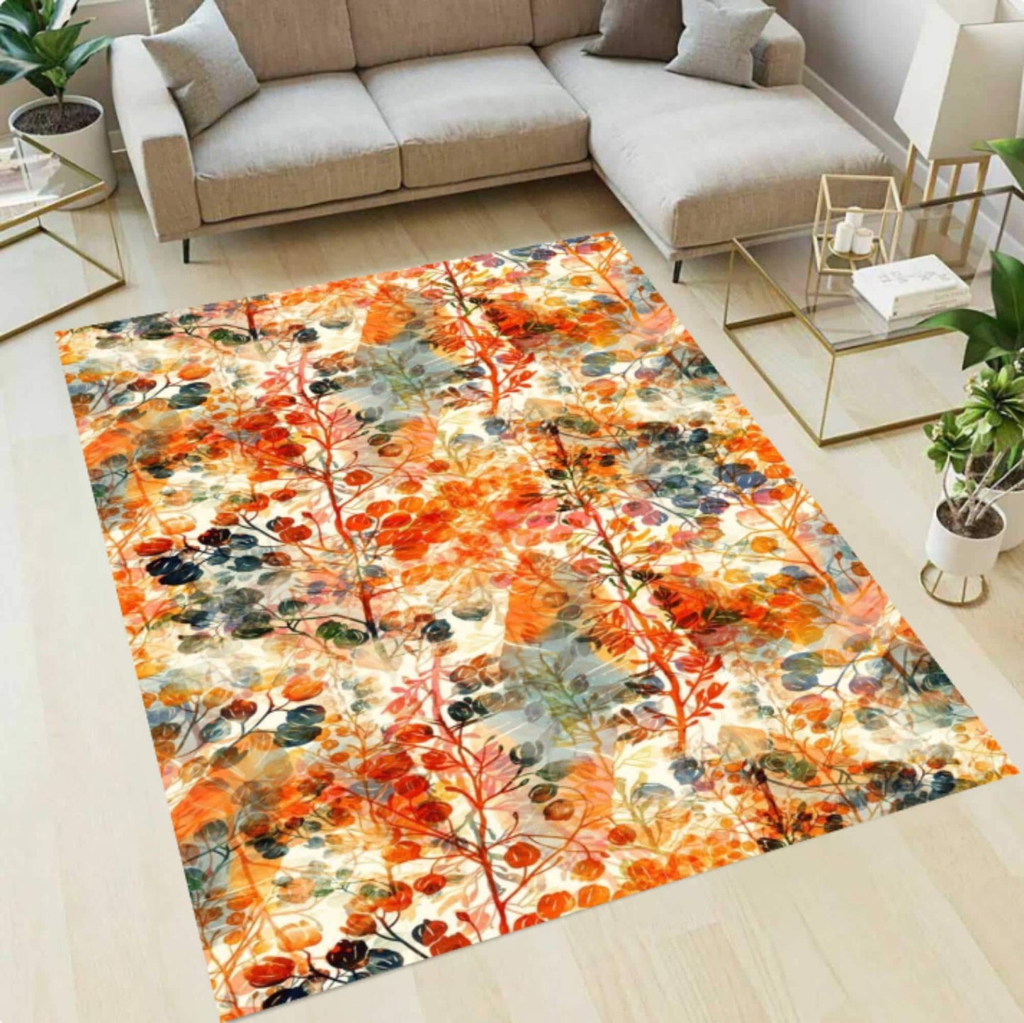 Autumn Floral Watercolor Area Rug – Fall Botanical Flower Washable Non-Slip