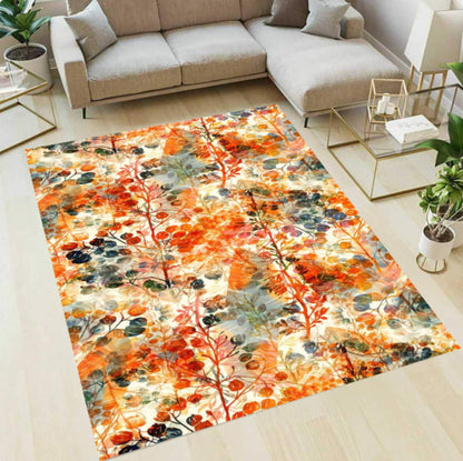 Autumn Floral Watercolor Area Rug – Fall Botanical Flower Washable Non-Slip