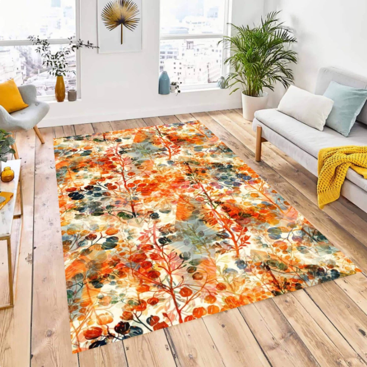 Autumn Floral Watercolor Area Rug – Fall Botanical Flower Washable Non-Slip