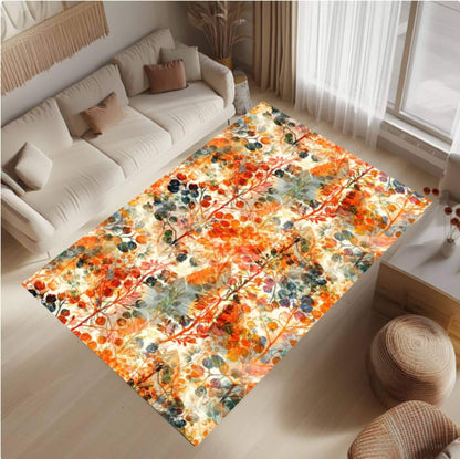 Autumn Floral Watercolor Area Rug – Fall Botanical Flower Washable Non-Slip