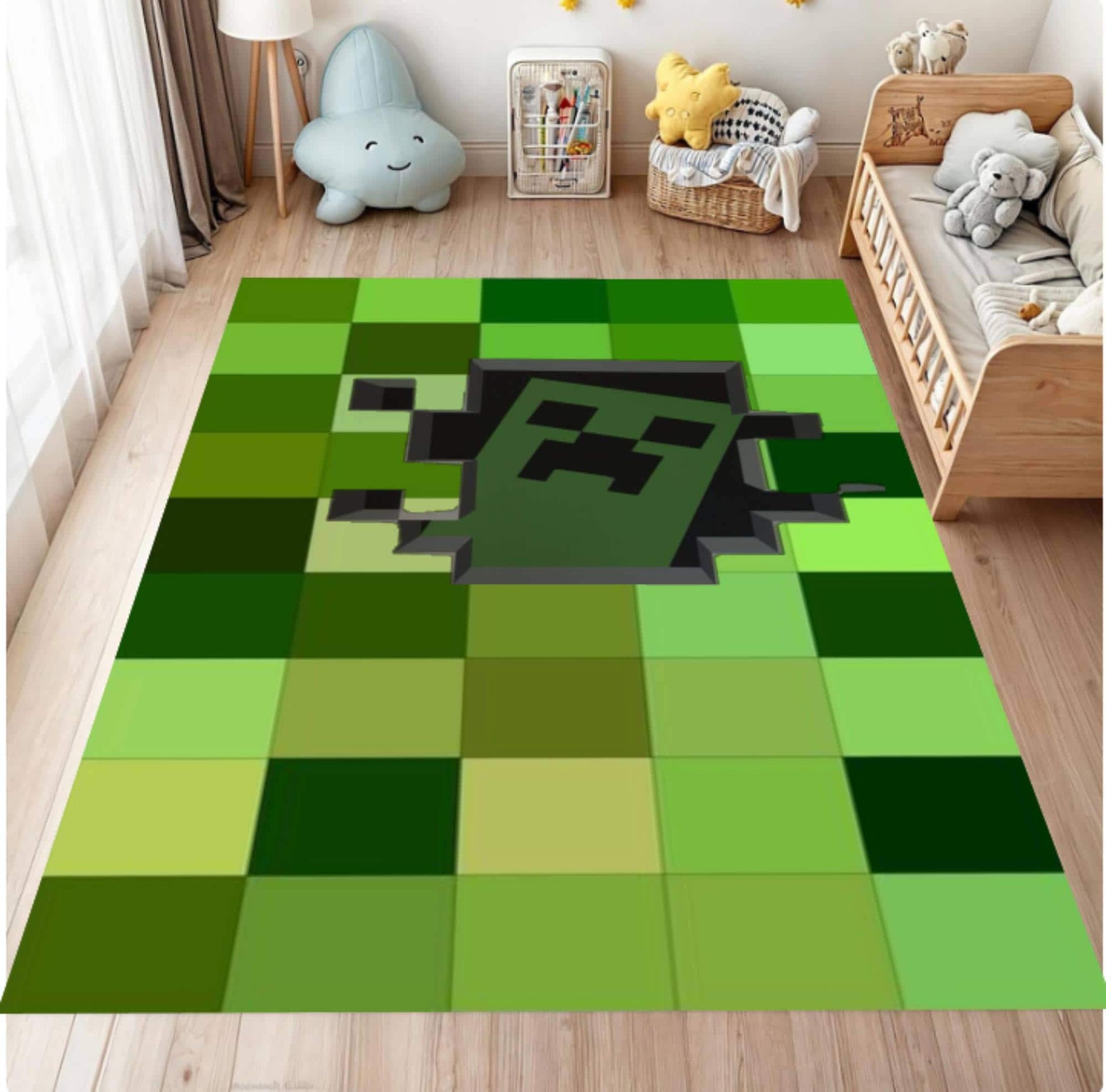 Green pixelated rug with a face design in a child's room