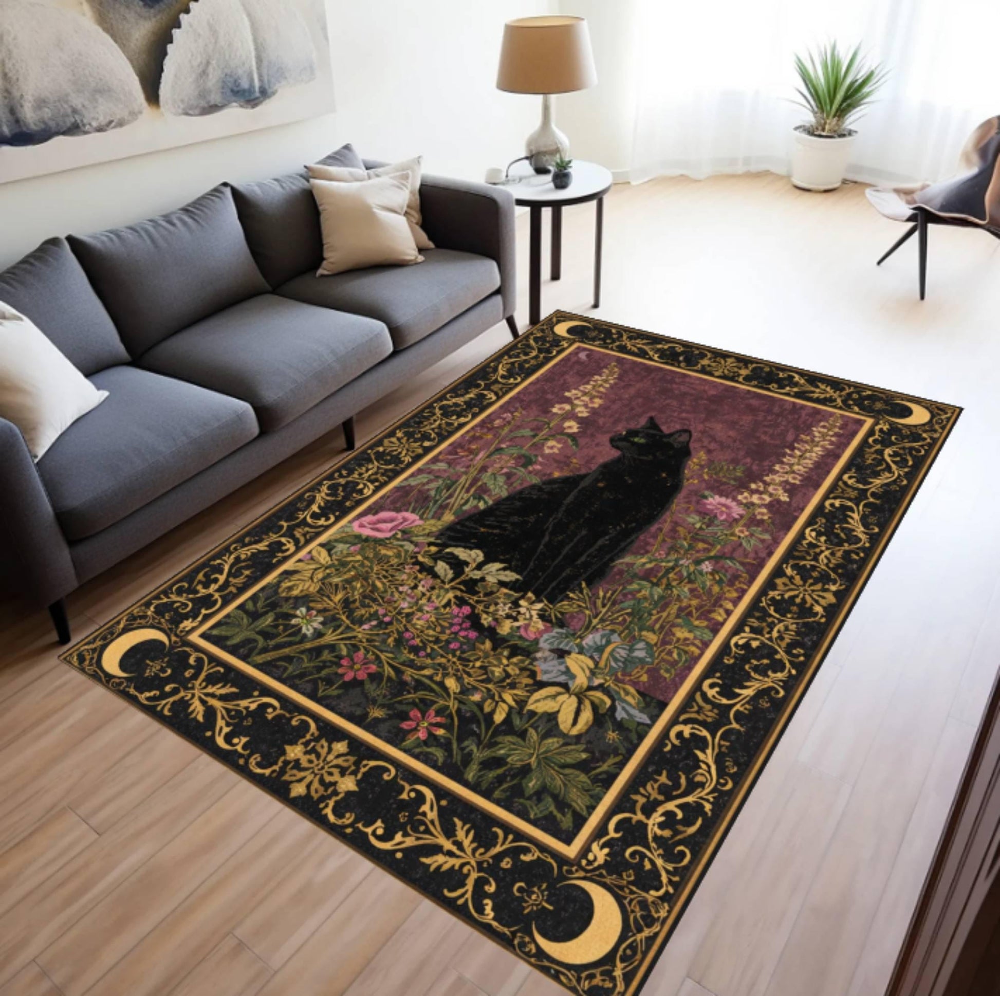 Black Cat Area Rug, Gothic Floral Moon, Washable Non Slip