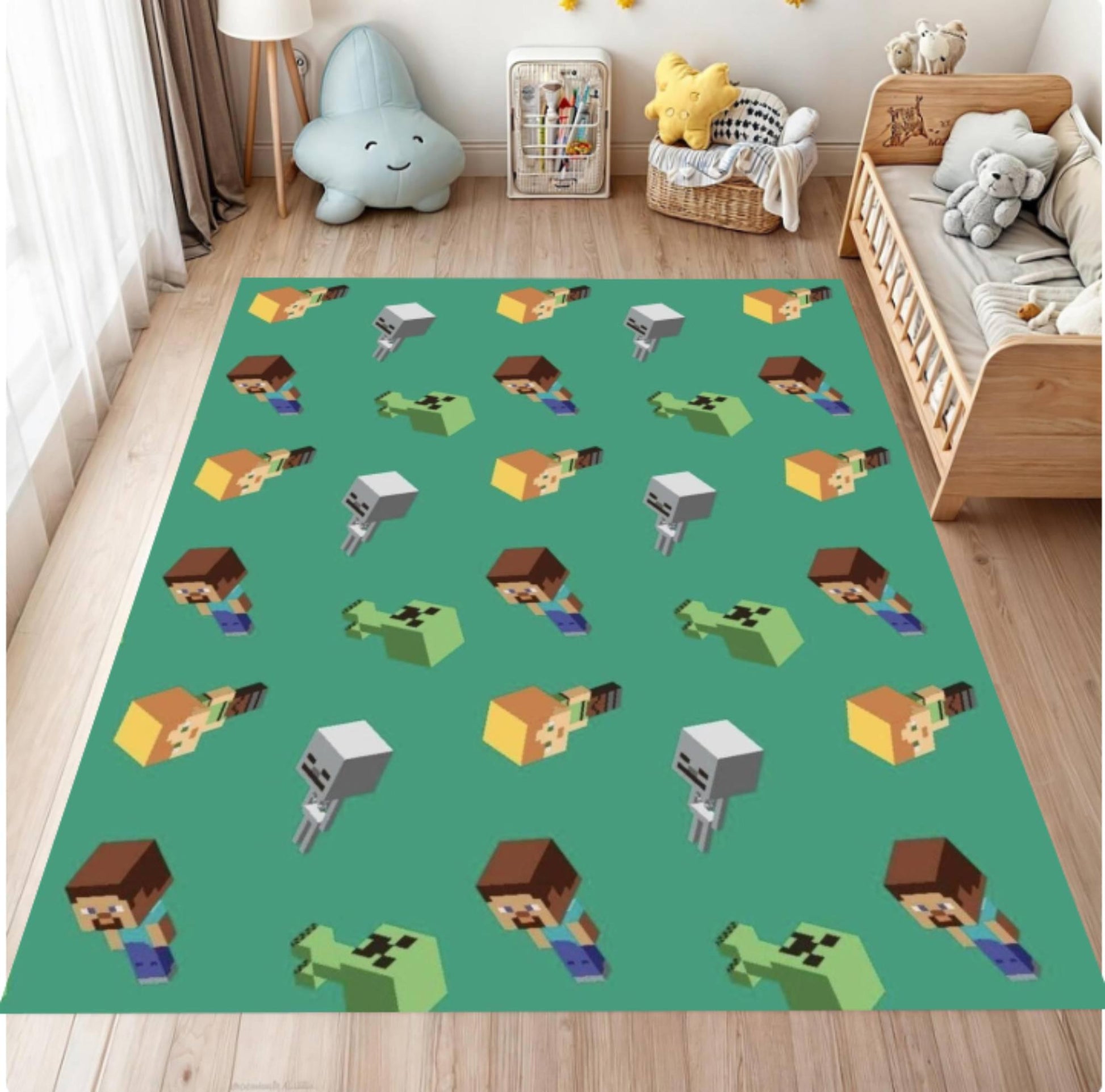 Children's room with a green rug featuring pixelated characters.