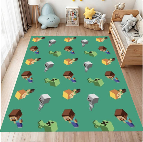 Children's room with a green rug featuring pixelated characters.