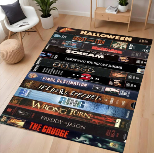 Halloween-themed movie poster rug on a wooden floor with a modern interior setting.