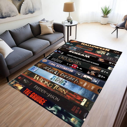 Retro Horror Movie VHS Tape Rug – Halloween Washable Accent Carpet
