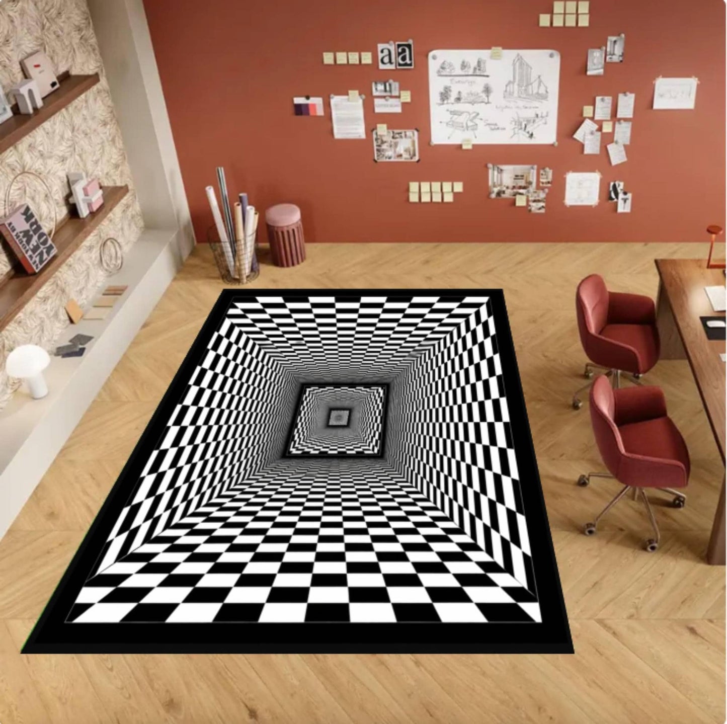 Rug with Optical Illusion Black and White Checkered 3D-tunnel Washable
