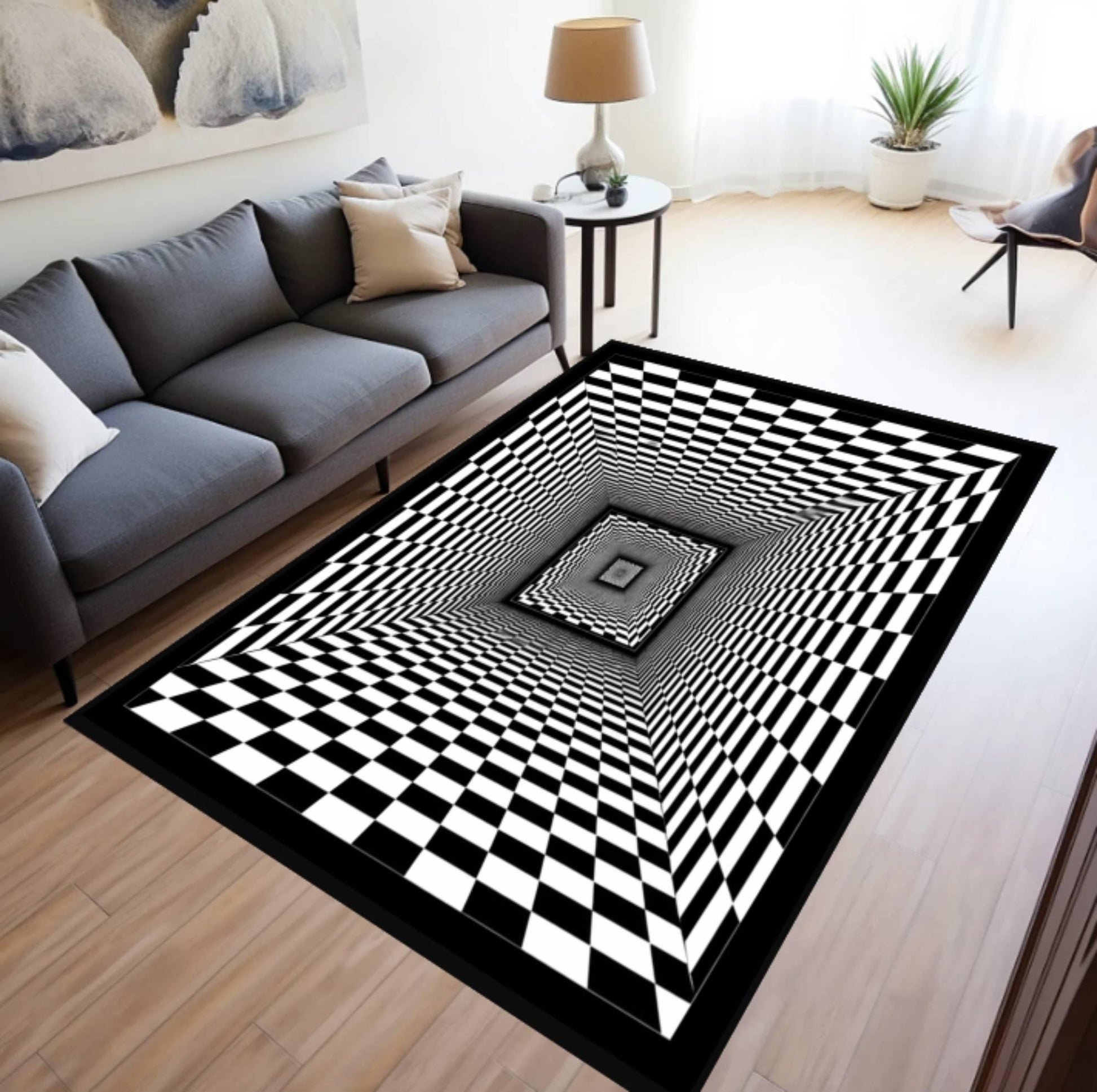 Optical Illusion Area Rug, Black and White Checkered 3D Tunnel, Washable Floor Mat