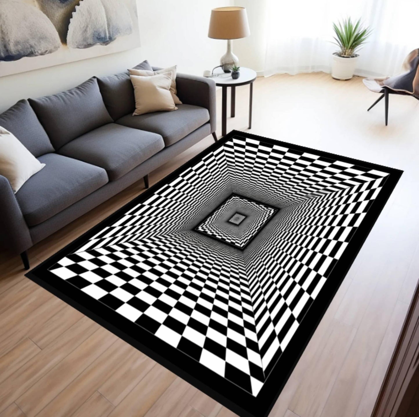 Rug with Optical Illusion Black and White Checkered 3D-tunnel Washable