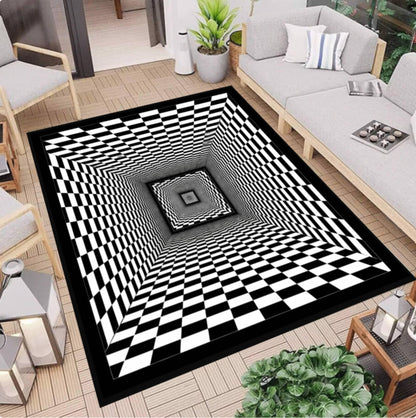 Rug with Optical Illusion Black and White Checkered 3D-tunnel Washable